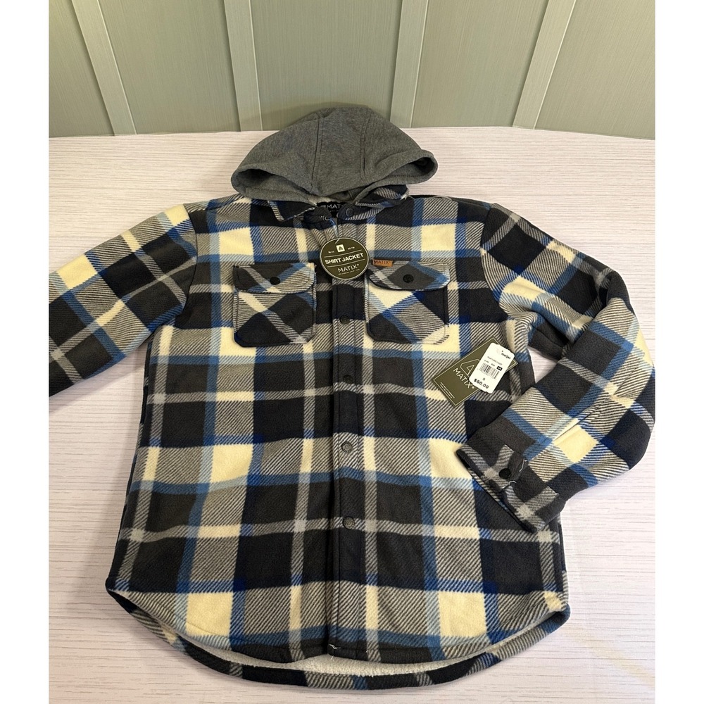 Matix Mens Polar Fleece Shacket Hooded Sherpa Lined Plaid Shirt Jacket Blue S